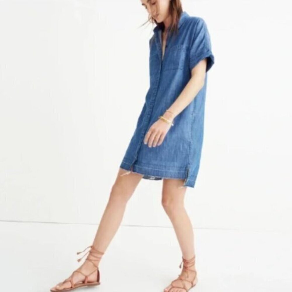 Madewell Denim Drop Hem Short Sleeve Shirt Dress In Abbot Wash Size Small